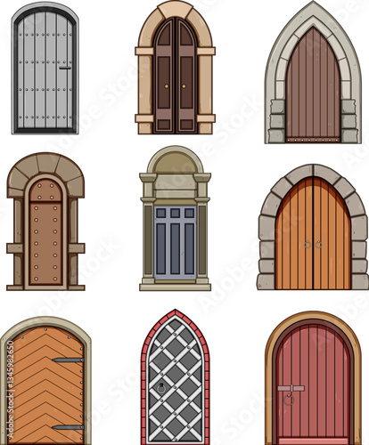 ancient medieval door set cartoon vector illustration