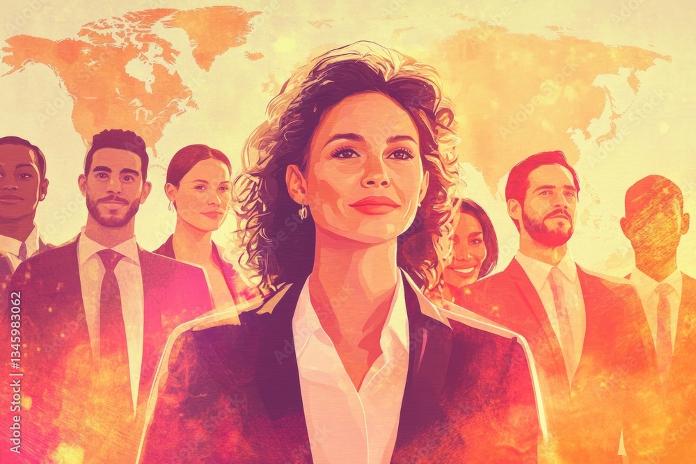 A diverse team of business professionals stands united against a world map backdrop, symbolizing global collaboration and success. A diverse team of business professionals stands united against a world map backdrop, symbolizing global collaboration and success.
