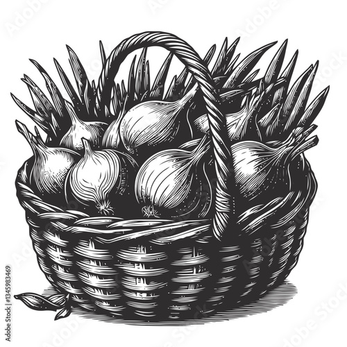 Hand drawn depiction of onions in a rustic woven basket
