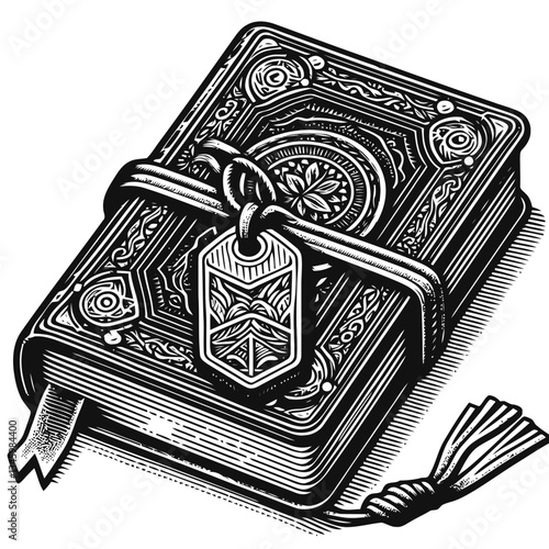 Hand-drawn leather journal design with a vintage bookmark for writers