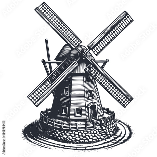 Traditional countryside windmill with spinning blades and stone structure illustration