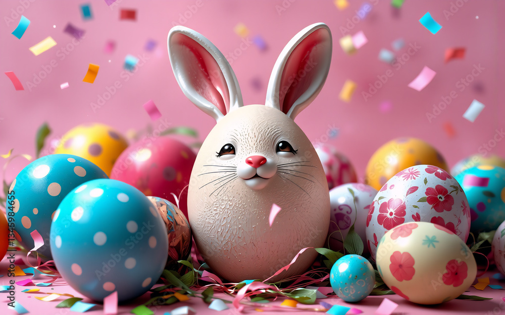 Obraz premium Joyful Easter scene: bunny egg with ears, decorated eggs, and confetti on pink. A festive spring celebration.