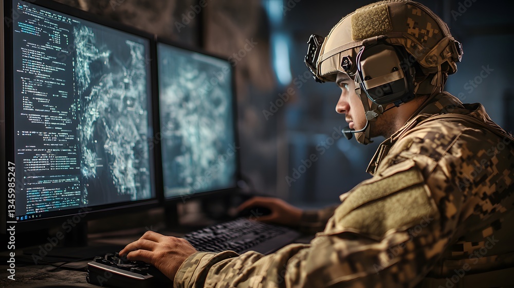 Military operator programming secure network in headquarters control room Military operator programming secure network in headquarters control room