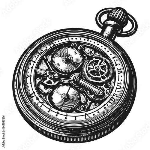 Classic pocket watch engraving featuring open cover and intricate gear details