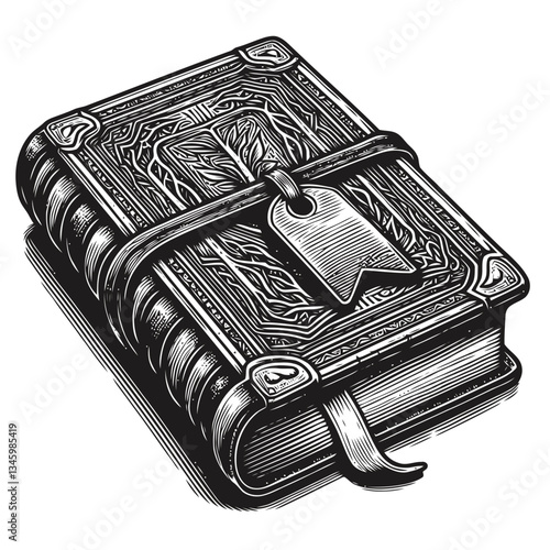 Detailed illustration of a leather-bound journal and a historic bookmark