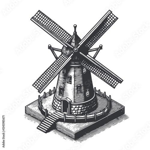 Vintage hand-drawn windmill with solid stone base and elegant spinning blades