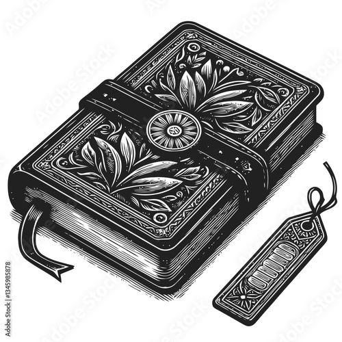 Classic leather notebook design featuring a detailed antique bookmark