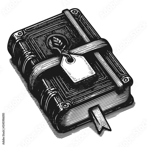 Vintage leather journal illustration featuring a detailed rustic bookmark