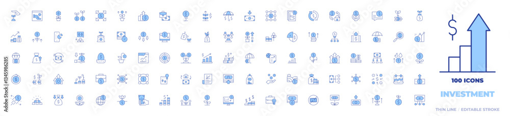 100 Investment Icons Collection. Line Duotone style, editable stroke. money drop, stock exchange, revenue, growth, nest, dollar tree, plant, idea, oil market, gold bars 100 Investment Icons Collection. Line Duotone style, editable stroke. money drop, stock exchange, revenue, growth, nest, dollar tree, plant, idea, oil market, gold bars