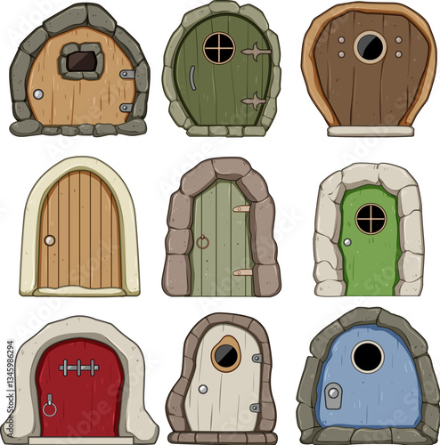 wooden door fairy tale house set cartoon vector illustration