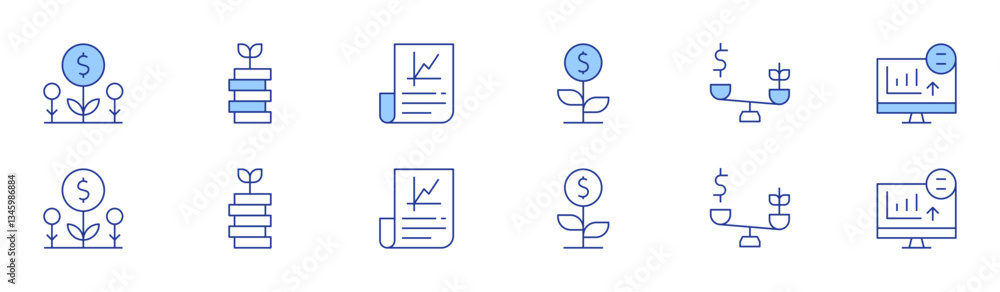 Investment icon set in two styles, Duotone and Thin Line style. Editable stroke. balance, trading, investment, growth Investment icon set in two styles, Duotone and Thin Line style. Editable stroke. balance, trading, investment, growth