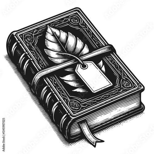 Artistic engraving of a classic leather journal with a weathered bookmark