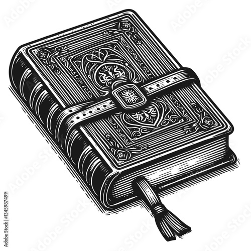 Antique leather journal featuring an aged bookmark and intricate details