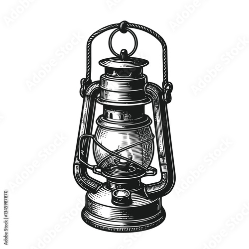 Antique rustic lantern with intricate hand-drawn engraving and hanging hook
