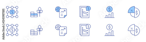 Investment icon set in two styles, Duotone and Thin Line style. Editable stroke. revenue, plant, growth, chart, finance, pie chart