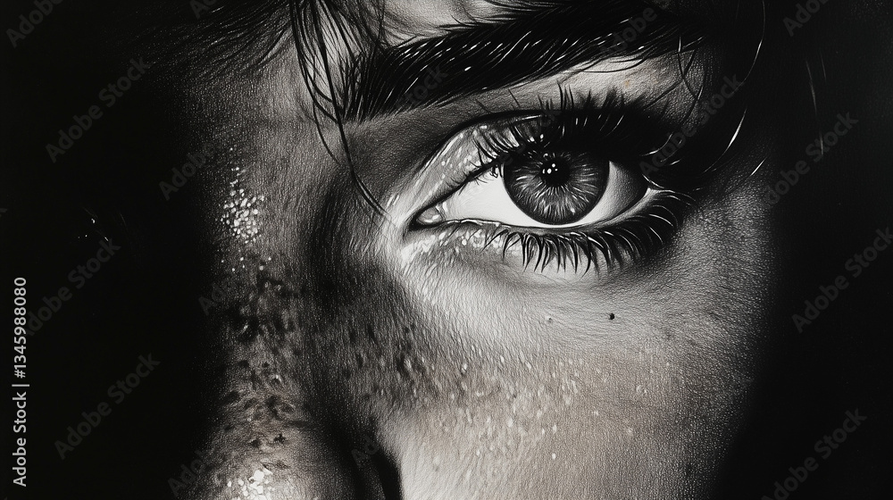 Fototapeta premium Black and white portrait drawn with graphite on a dark background