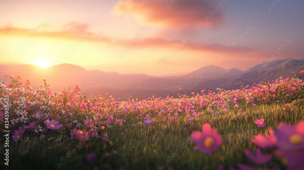Obraz premium Sunset Serene: A breathtaking view of a flower field at sunset, with majestic mountains in the background. Peaceful atmosphere, warm colors