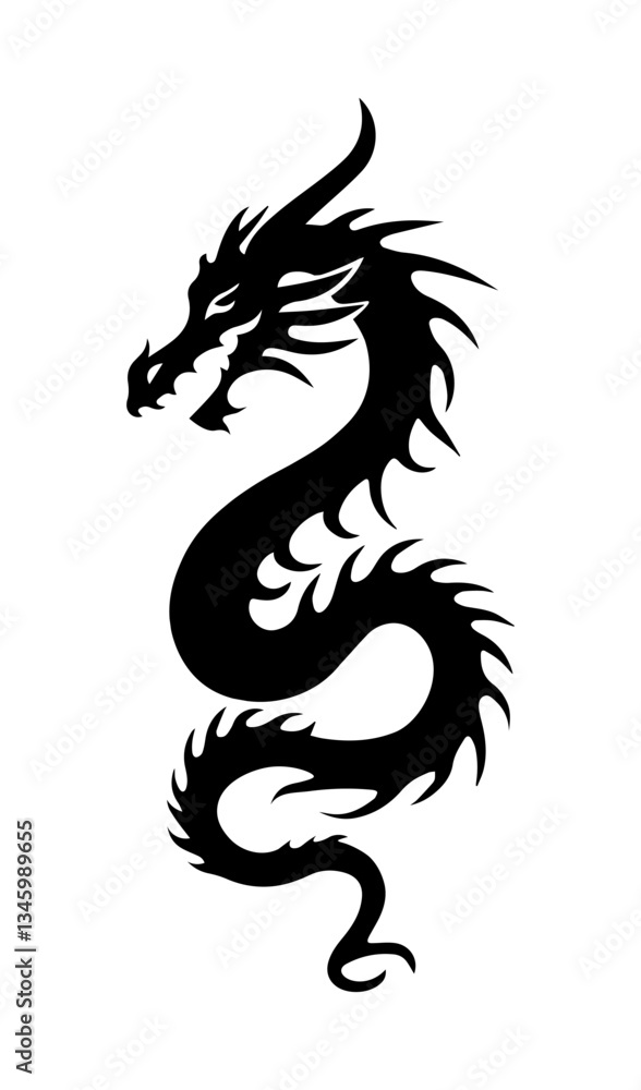 A silhouette of dragon tribal tattoo On white background. Bold mythical creature design A silhouette of dragon tribal tattoo On white background. Bold mythical creature design