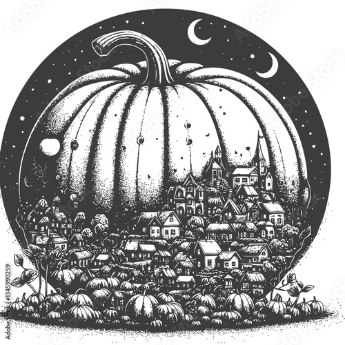 Artistic engraving depicting a miniature village nestled in a pumpkin