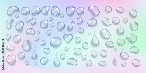 Vector illustration of transparent water droplets on a soft gradient backdrop transitioning through pastel colors. The droplets vary in size and reflect light, creating a glossy effect.