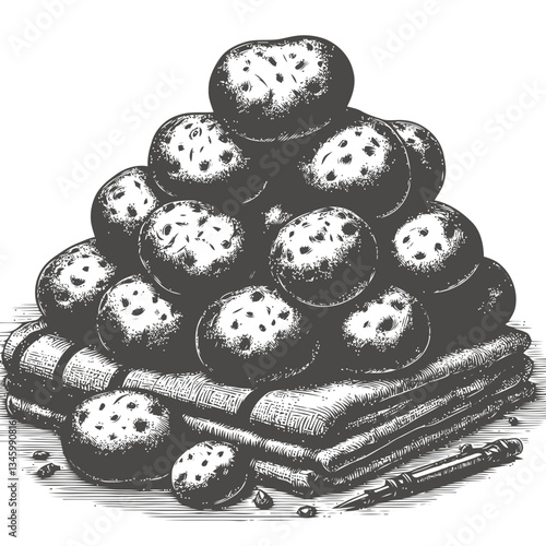 Vintage styled engraving of potatoes stacked on rustic linen fabric