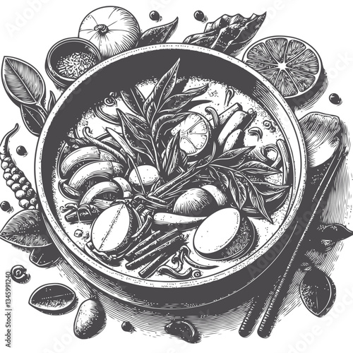 Illustrated Thai curry with aromatic coconut broth and tropical flavors