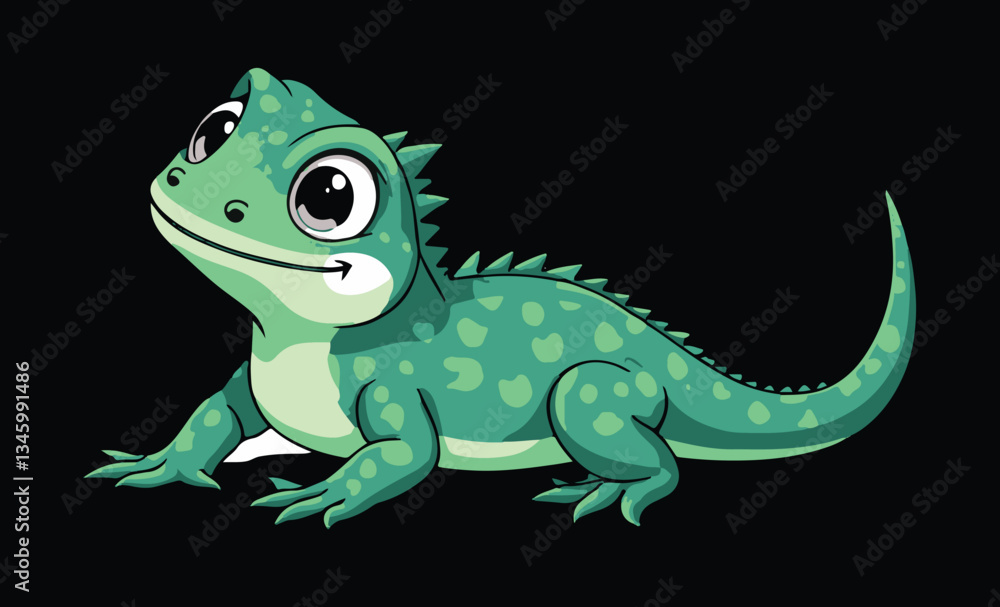 Obraz premium Adorable Teal Lizard Character with Spots and a Curled Tail, Digital Art on Isolated Black Background