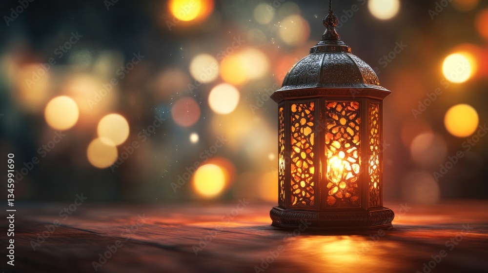 A single lantern shines bright on a rustic wooden table in a cozy setting A single lantern shines bright on a rustic wooden table in a cozy setting