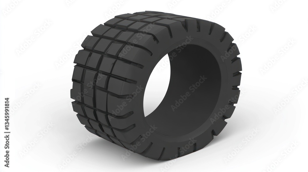 Close-up of a black industrial tire with a unique tread pattern, isolated on a white background. Close-up of a black industrial tire with a unique tread pattern, isolated on a white background.