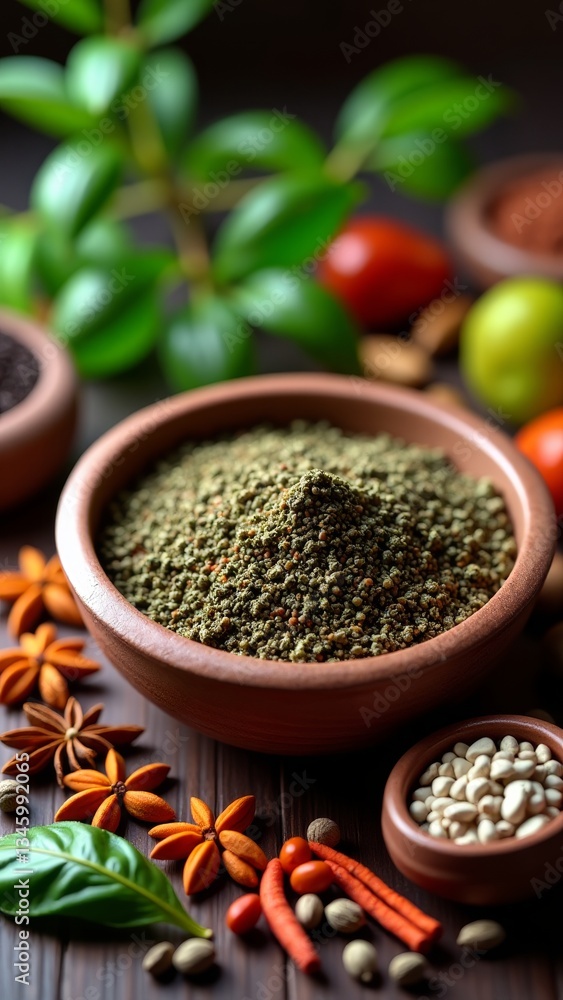 A blend of ground spices, including coriander, cumin, and turmeric A blend of ground spices, including coriander, cumin, and turmeric