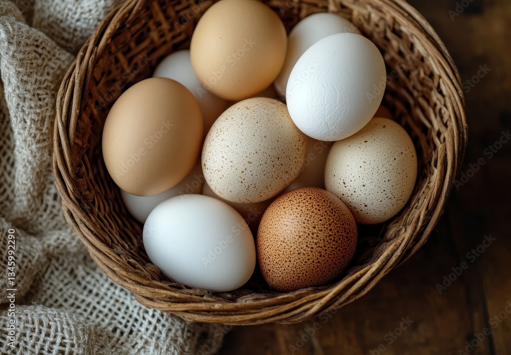 A Beautiful Assortment of Fresh Farm Eggs in a Rustic Basket Surrounded by Natural Fabric on a Wooden Table Top for Culinary Photography A Beautiful Assortment of Fresh Farm Eggs in a Rustic Basket Surrounded by Natural Fabric on a Wooden Table Top for Culinary Photography