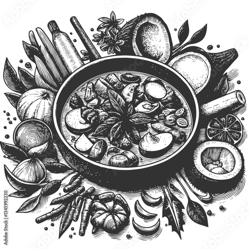 Thai curry illustration with vibrant vegetables and creamy coconut broth