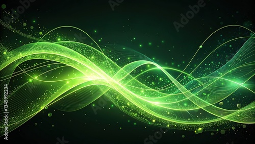 Abstract green wave light effect with glowing particles on dark background for futuristic digital design
Dynamic neon green flowing wave lines with sparkles and energy motion on black background