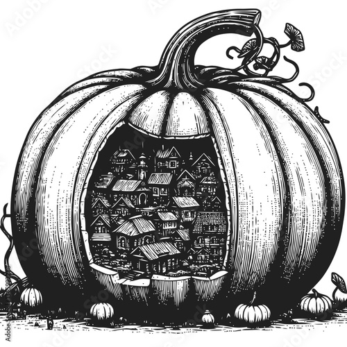 Unique village concept nestled creatively within a massive pumpkin