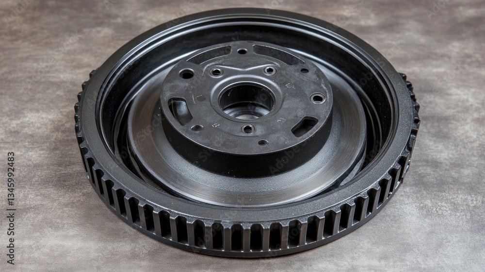 Obraz premium Close-up of a black automotive pulley system component on a textured surface.