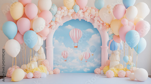Pastel balloon arch backdrop with hot air balloons and clouds for birthday party.