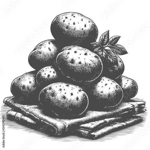 Rustic depiction of stacked potatoes on a textured linen cloth