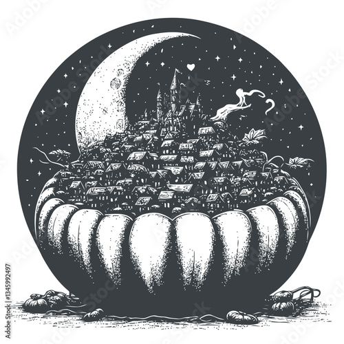 Engraving of a charming village ingeniously built in a pumpkin