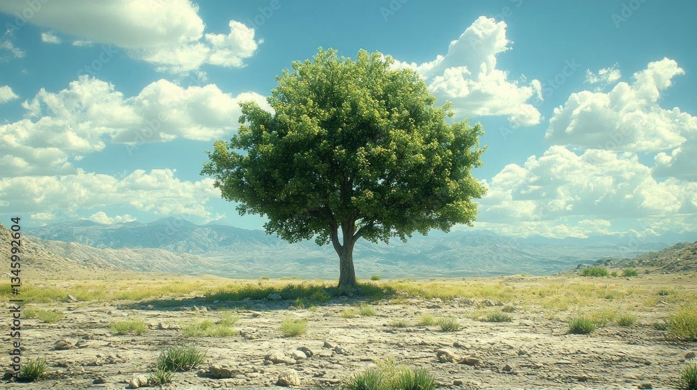 Obraz premium Lonely Tree in a Vast Sunny Meadow Landscape