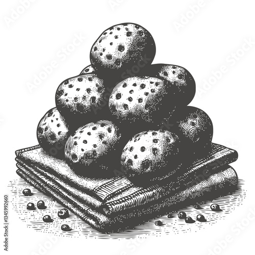 Engraved rustic potatoes stack on vintage textured linen cloth