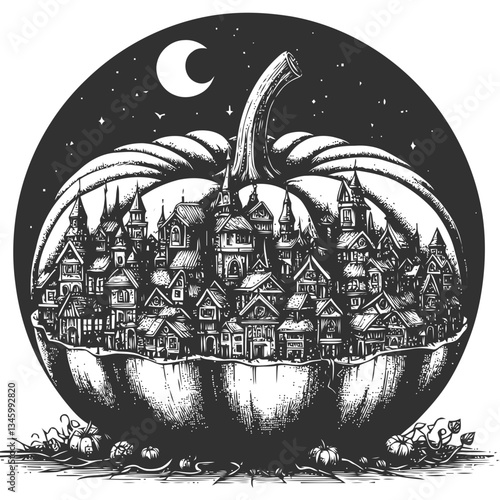 Artful depiction of a rural town crafted into a pumpkin design