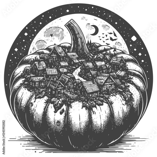 Hand-drawn depiction of a village cleverly built in a pumpkin