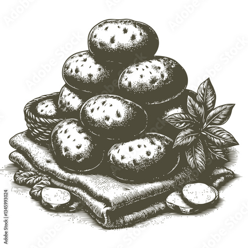 Rustic potatoes stack depicted on vintage textured linen fabric
