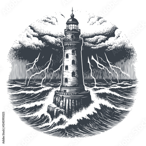 Marine-themed lighthouse enduring stormy seas and powerful ocean waves