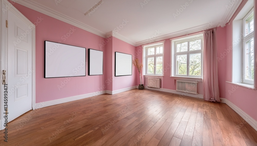 Obraz premium Pink empty living room with windows, parquet floor and mockup posters. Generated image