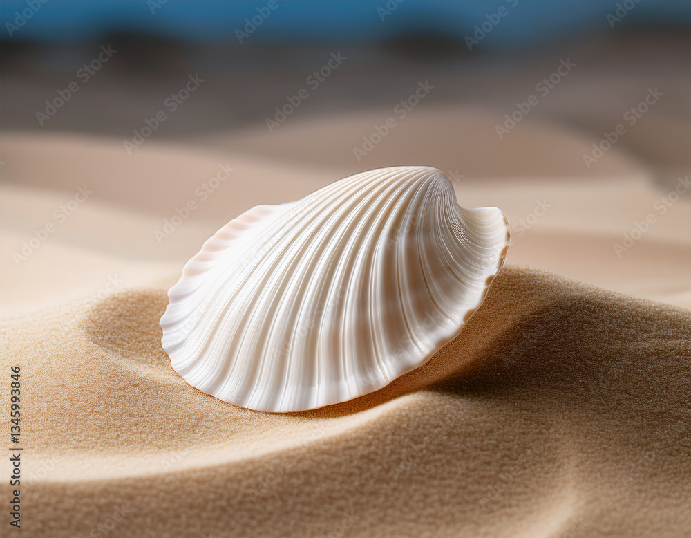 A white seashell resting on untouched sand with fine grains representing simplicity and purity A white seashell resting on untouched sand with fine grains representing simplicity and purity