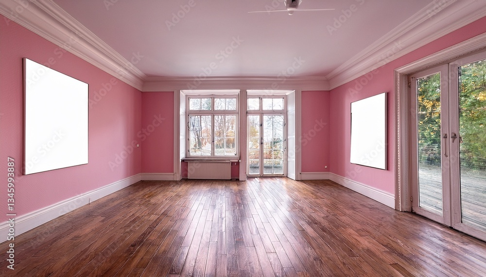 Obraz premium Pink empty living room with windows, parquet floor and mockup posters. Generated image