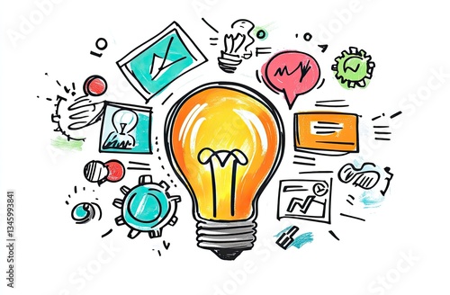 Innovative idea concept, surrounded by various elements representing creative process