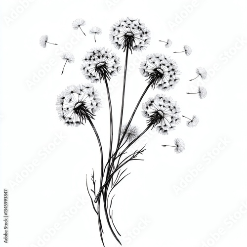 A black and white drawing of a bunch of dandelions