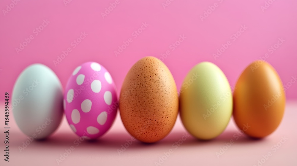 Row of eggs with different colors and patterns, including pink polka dots Row of eggs with different colors and patterns, including pink polka dots